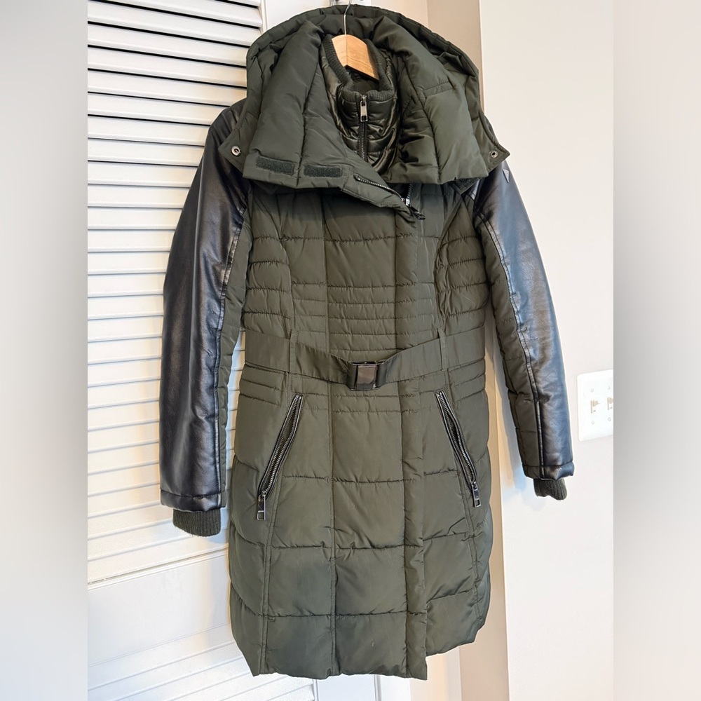 Guess Olive Puffer Jacket with Black Leather Sleeves